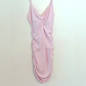 Short, scrunched, twist, light pink bodycon dress